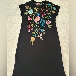 Johnny Was Black Dress with Colorful Floral Embroidery, Size S